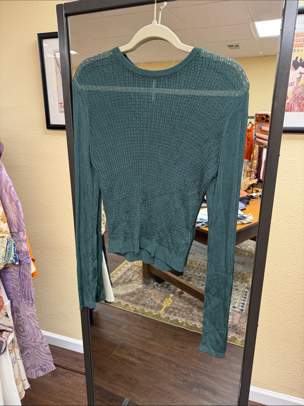 Free People Open-Knit Long Sleeve Top in Teal Green
